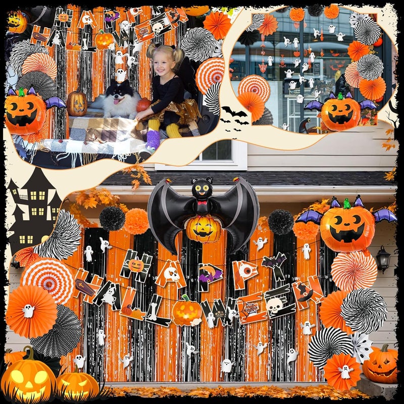 JUYRLE Halloween Trunk or Treat Car Kit - 42Pcs Car and Garage Door Decorations With Banner, Paper Fans, Foil Balloons, Tassel Kits - Image 4
